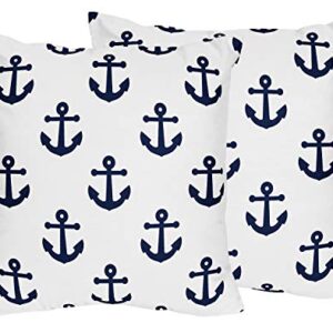 Sweet Jojo Designs Navy Blue White Anchors Decorative Accent Throw Pillows - Set of 2 - Nautical Theme Ocean Sailboat Sea Marine Sailor Anchor Unisex Gender Neutral