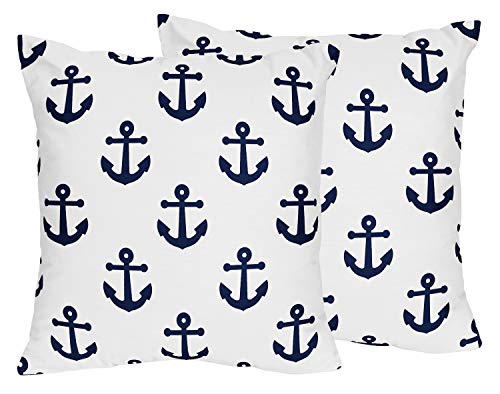 Sweet Jojo Designs Navy Blue White Anchors Decorative Accent Throw Pillows - Set of 2 - Nautical Theme Ocean Sailboat Sea Marine Sailor Anchor Unisex Gender Neutral