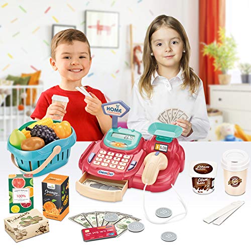 Hayden Ljsu Cash Register for Kids Pretend Play Supermarket Shop Toys with Scanner,Sounds,Calculator,Scale,Card Reader,Credit Card,Play Money and Grocery Toys for Boys Girls