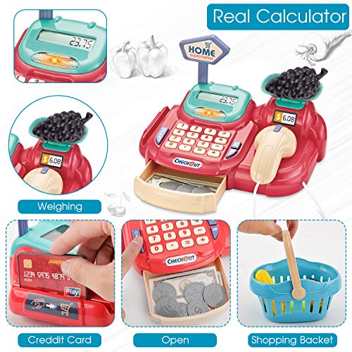 Hayden Ljsu Cash Register for Kids Pretend Play Supermarket Shop Toys with Scanner,Sounds,Calculator,Scale,Card Reader,Credit Card,Play Money and Grocery Toys for Boys Girls