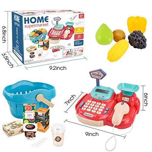 Hayden Ljsu Cash Register for Kids Pretend Play Supermarket Shop Toys with Scanner,Sounds,Calculator,Scale,Card Reader,Credit Card,Play Money and Grocery Toys for Boys Girls