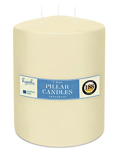 HYOOLA Ivory Three Wick Large Candle - 6 x 8 Inch - Unscented Big Pillar Candles - 188 Hour - European Made