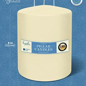 HYOOLA Ivory Three Wick Large Candle - 6 x 8 Inch - Unscented Big Pillar Candles - 188 Hour - European Made