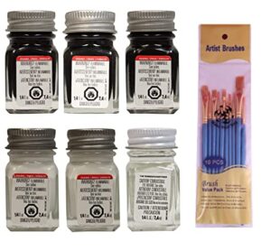 testors enamel model paints, flat white, gloss white, flat black, semi-gloss black, gloss black, and thinner, 1/4 oz (pack of 6) - with make your day paint brush set