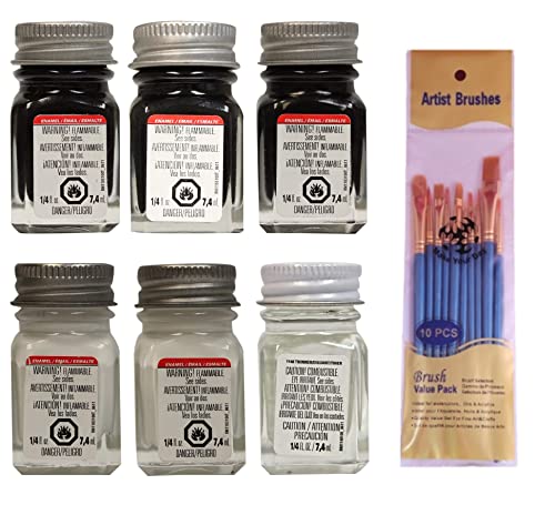 Testors Enamel Model Paints, Flat White, Gloss White, Flat Black, Semi-Gloss Black, Gloss Black, and Thinner, 1/4 oz (Pack of 6) - with Make Your Day Paint Brush Set