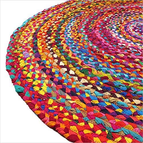 Devik Decor Braided Boho Natural Cotton Chindi Rugs Reversible Non Slip Carpet Handmade Round Area Rug for Farmhouse Living Room Bedroom Kitchen Outdoor Mate, AR01 (3Ft (36 Inches X 36 Inches))