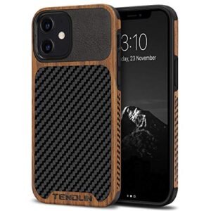 tendlin compatible with iphone 12 case/iphone 12 pro case wood grain with carbon fiber texture design leather hybrid case