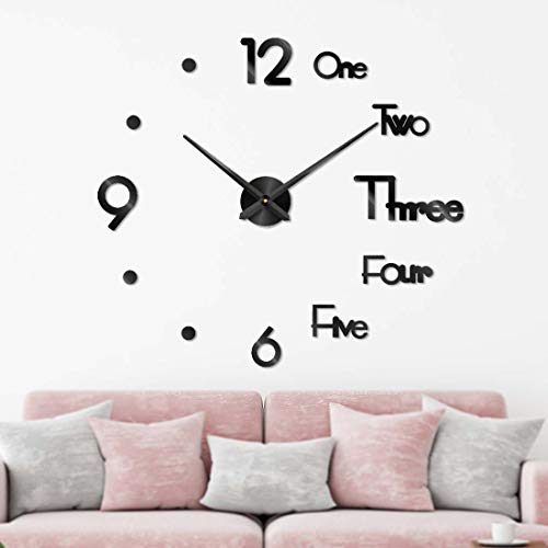 Large 3D DIY Wall Clock Frameless Modern Mirror Surface Wall Clock Decor for Living Room Bedroom Home Outdoor Office School Decorations Black