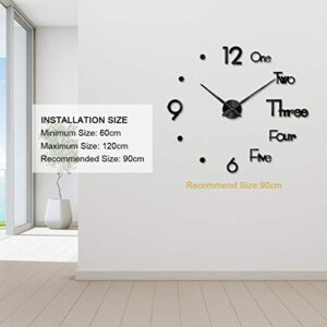 Large 3D DIY Wall Clock Frameless Modern Mirror Surface Wall Clock Decor for Living Room Bedroom Home Outdoor Office School Decorations Black