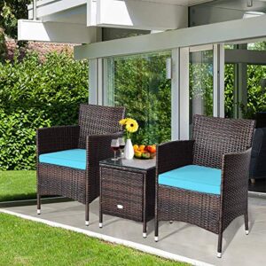 HAPPYGRILL 3-Pieces Patio Furniture Set Outdoor Rattan Wicker Conversation Set with Coffee Table Chairs & Cushions for Patio Garden Lawn Backyard Poolside