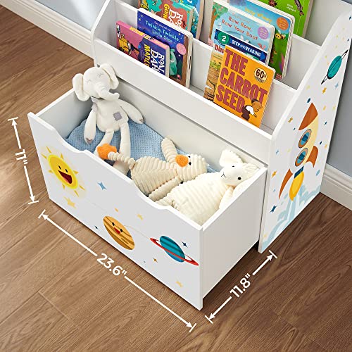 SONGMICS Kids Bookshelf, Toy Organizer, Chest and Bookcase with 3 Shelves, Storage Box with Wheels, Multipurpose, Space Theme 11.6D x 24.6W x 27.6H in