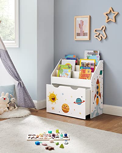 SONGMICS Kids Bookshelf, Toy Organizer, Chest and Bookcase with 3 Shelves, Storage Box with Wheels, Multipurpose, Space Theme 11.6D x 24.6W x 27.6H in