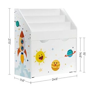 SONGMICS Kids Bookshelf, Toy Organizer, Chest and Bookcase with 3 Shelves, Storage Box with Wheels, Multipurpose, Space Theme 11.6D x 24.6W x 27.6H in