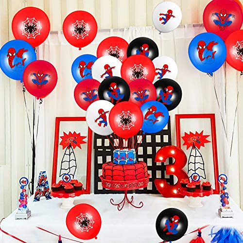 PANTIDE 50 Packs Spider Superhero Birthday Balloons, 12Inch Blue Red Black Latex Balloons Bouquet with Ribbons, Superhero Party Favors Decorations Supplies for Kids Boys Birthday Party Baby Shower