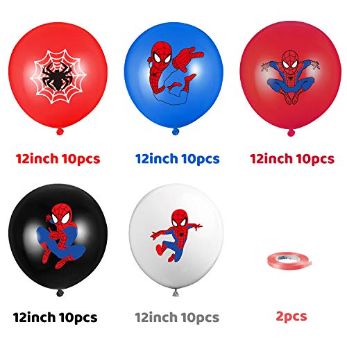 PANTIDE 50 Packs Spider Superhero Birthday Balloons, 12Inch Blue Red Black Latex Balloons Bouquet with Ribbons, Superhero Party Favors Decorations Supplies for Kids Boys Birthday Party Baby Shower