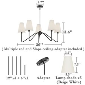 Electro bp;30" Dia 5-Arm Classic Chandeliers Matt Black with White Linen Shades,200W