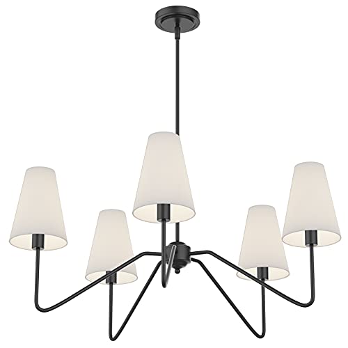 Electro bp;30" Dia 5-Arm Classic Chandeliers Matt Black with White Linen Shades,200W