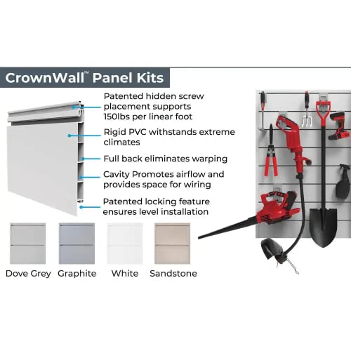 CrownWall PVC Slat Wall Panels Garage Wall and Home Organizer Storage System | Heavy Duty Organization and Easy Installation | 4ft by 4ft (16 sqft) Section, Graphite
