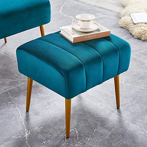 Ball & Cast Upholstered Velvet Ottoman,Footrest 18"W x 15.75"D x 17.5"H Teal,Golden Powder Coating Legs Set of 1