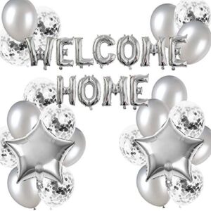 jumdaq welcome home letter balloon banner with star confetti balloons for home family party decorations( 24 pack) (silver)