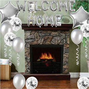 JumDaQ Welcome Home Letter Balloon Banner with Star Confetti Balloons for Home Family Party Decorations( 24 Pack) (Silver)