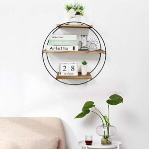 Befayoo Floating Shelves for Wall, Rustic Wood Geometric Style Decor Shelf for Bathroom Bedroom Living Room Kitchen Office (Round, Natural)