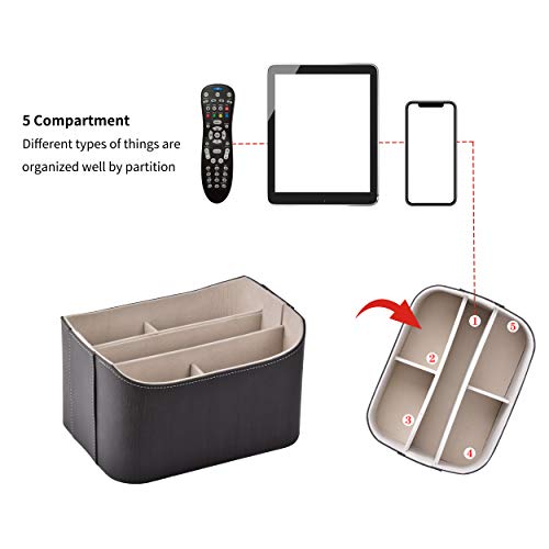 LUXSUN Remote Control Holder, Large Capacity Leather Remote Caddy, Desktop Organizer and Storage Box with 5 Compartments for TV Remotes/Controllers/Media Player/Mobile Phone/Pencil（Grey