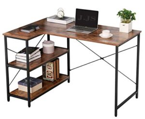 jjs l-shaped home office corner writing computer desk with build-in bookcase, wood metal modern study laptop table workstation with storage shelves for small space, antony rustic brown