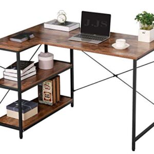 JJS L-Shaped Home Office Corner Writing Computer Desk with Build-in Bookcase, Wood Metal Modern Study Laptop Table Workstation with Storage Shelves for Small Space, Antony Rustic Brown