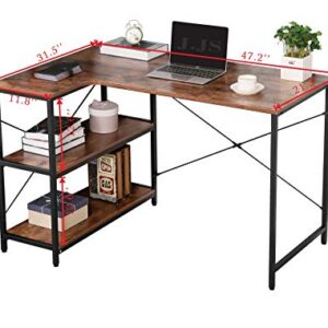 JJS L-Shaped Home Office Corner Writing Computer Desk with Build-in Bookcase, Wood Metal Modern Study Laptop Table Workstation with Storage Shelves for Small Space, Antony Rustic Brown