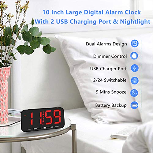 ZEITHALTER 10''Large Digital Alarm Clock Big Wall Clock for Bedroom, Jumbo Number Display, 3 Level Adjustable Digit Brightness Dimmer with Led Night Light, Battery Backup, 12/24 H