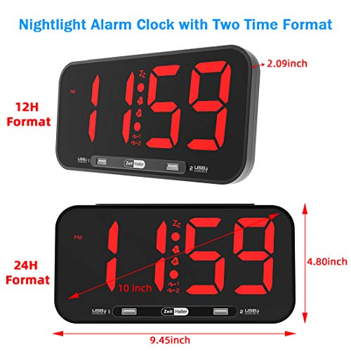 ZEITHALTER 10''Large Digital Alarm Clock Big Wall Clock for Bedroom, Jumbo Number Display, 3 Level Adjustable Digit Brightness Dimmer with Led Night Light, Battery Backup, 12/24 H