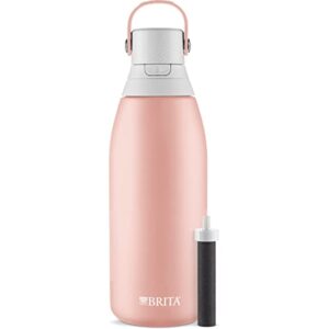 brita insulated filtered water bottle with straw, reusable, stainless steel metal, rose, 32 ounce