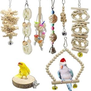 shinylyl 8 packs bird toy,bird parrot swing chewing toys birdcage stands,wood hanging bell bird cage toys for parrots, parakeets, cockatiels, conures, macaws, love birds, finches