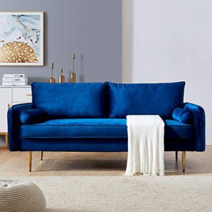 julyfox blue velvet fabric sofa couch, 71 inch wide mid century modern living room couch with side storage fashion golden legs for small spaces