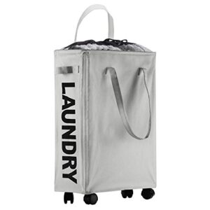 ihomagic laundry basket with upgrade extended handles, collapsible laundry hamper with wheels- thin dirty clothes laundry washing basket for bedroom, bathroom, dormitory (40l, light grey)
