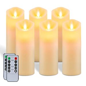 5plots 7"x 2.2" flickering flameless candles, moving flame, battery operated led pillar candles with timers and remote control, made of wax-like frosted plastic, won’t melt, ivory, skinny, set of 6