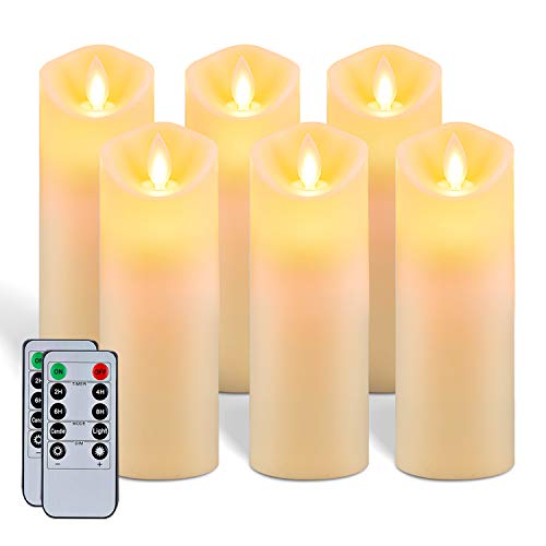 5plots 7"x 2.2" Flickering Flameless Candles, Moving Flame, Battery Operated LED Pillar Candles with Timers and Remote Control, Made of Wax-Like Frosted Plastic, Won’t Melt, Ivory, Skinny, Set of 6