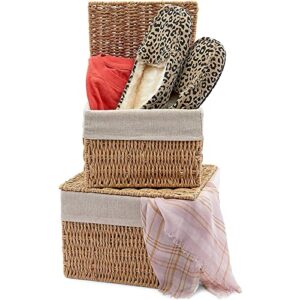 2-pack wicker shelf baskets with lids and removable cotton fabric liners, rectangular home storage bins for hand towels, toiletries, and kitchen counter (2 sizes)