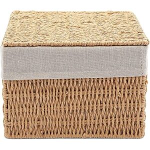 2-Pack Wicker Shelf Baskets with Lids and Removable Cotton Fabric Liners, Rectangular Home Storage Bins for Hand Towels, Toiletries, and Kitchen Counter (2 Sizes)