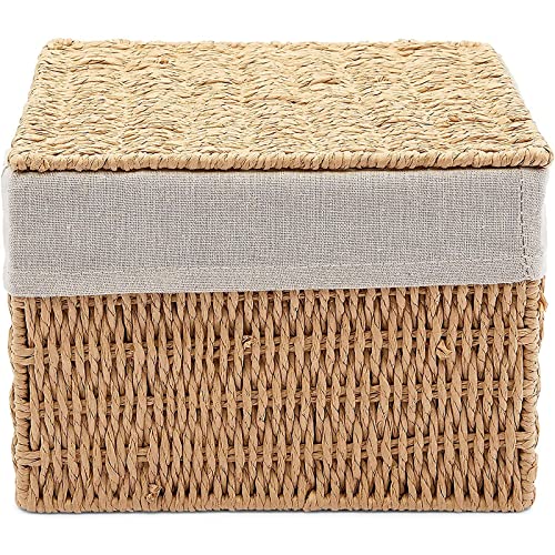 2-Pack Wicker Shelf Baskets with Lids and Removable Cotton Fabric Liners, Rectangular Home Storage Bins for Hand Towels, Toiletries, and Kitchen Counter (2 Sizes)