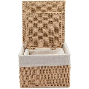 2-Pack Wicker Shelf Baskets with Lids and Removable Cotton Fabric Liners, Rectangular Home Storage Bins for Hand Towels, Toiletries, and Kitchen Counter (2 Sizes)