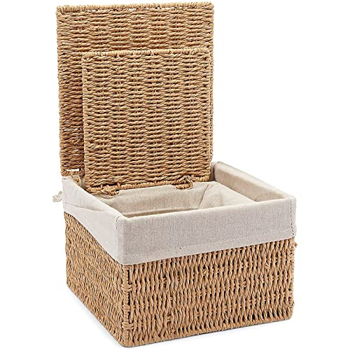 2-Pack Wicker Shelf Baskets with Lids and Removable Cotton Fabric Liners, Rectangular Home Storage Bins for Hand Towels, Toiletries, and Kitchen Counter (2 Sizes)