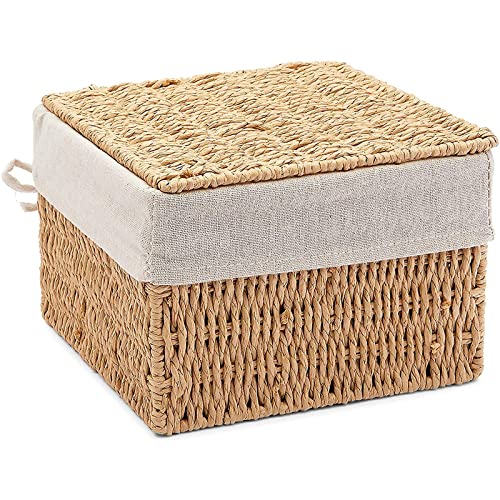 2-Pack Wicker Shelf Baskets with Lids and Removable Cotton Fabric Liners, Rectangular Home Storage Bins for Hand Towels, Toiletries, and Kitchen Counter (2 Sizes)