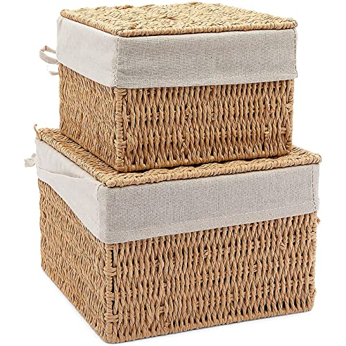 2-Pack Wicker Shelf Baskets with Lids and Removable Cotton Fabric Liners, Rectangular Home Storage Bins for Hand Towels, Toiletries, and Kitchen Counter (2 Sizes)