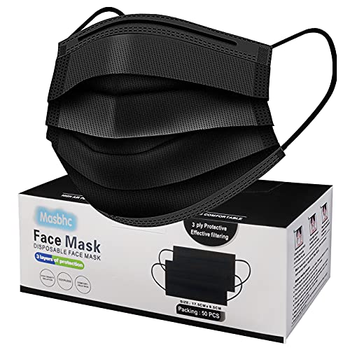 Masbhc Disposable Face Mask 3 Ply Comfortable Black Masks 50Pcs