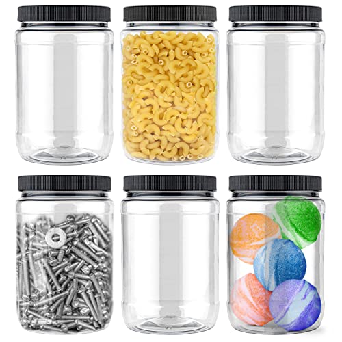 Stock Your Home 32 oz Plastic Jars (6 Pack) - BPA Free Plastic Mason Jars for Kitchen - Pantry Jars with Airtight Lids for Storing Rice, Pasta, Coffee, Grains, Candy, Cookies