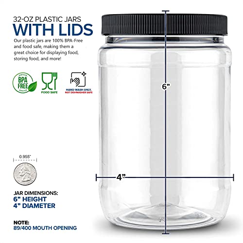 Stock Your Home 32 oz Plastic Jars (6 Pack) - BPA Free Plastic Mason Jars for Kitchen - Pantry Jars with Airtight Lids for Storing Rice, Pasta, Coffee, Grains, Candy, Cookies