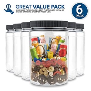 Stock Your Home 32 oz Plastic Jars (6 Pack) - BPA Free Plastic Mason Jars for Kitchen - Pantry Jars with Airtight Lids for Storing Rice, Pasta, Coffee, Grains, Candy, Cookies
