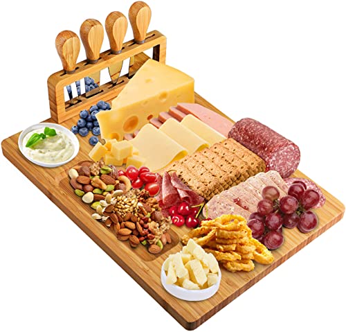 Xergur Bamboo Cheese Board Set - Charcuterie Boards and Serving Meat Platter, Cheese Tray with 4 Stainless Steel Cheese Knives Cutting Board Platter, Ideal for Halloween, Wedding, Christmas Gifts